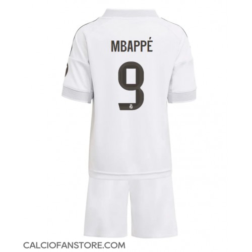 Maglia Calcio Real Madrid Kylian Mbappe #9 Prima Divisa Bambino 2025-26 Manica Corta (+ pantaloncini)